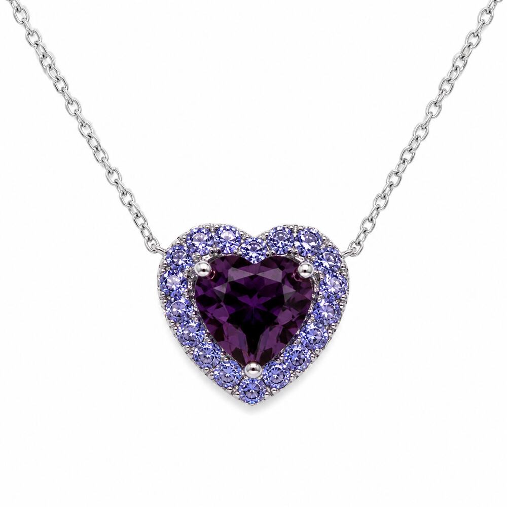 925 Sterling Silver Heart Crystal Necklace Purple & Lavender Halo 18"